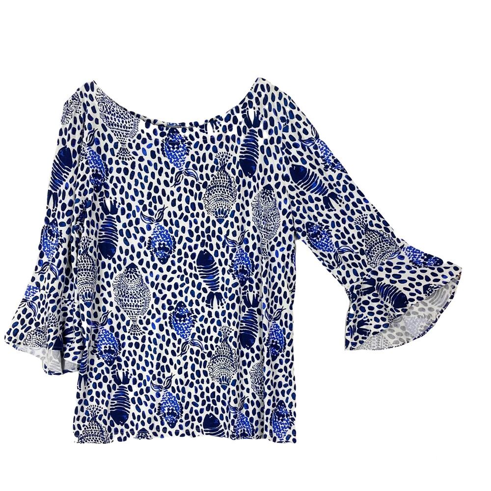 Nwot LILLY PULITZER Blouse L Blue Cheetah Fish Print Cut-Out Long-Flared-Sleeve